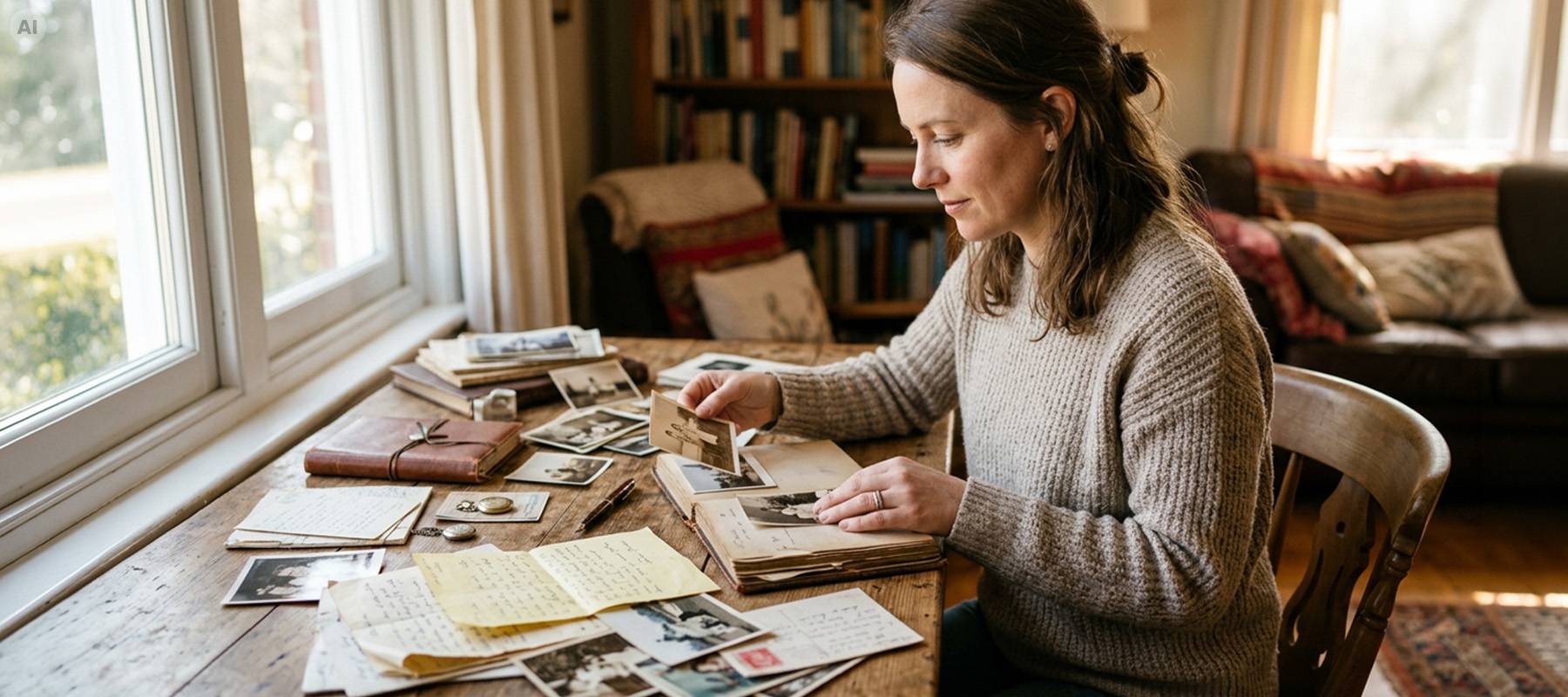 Frau sichtet an Schreibtisch alte Fotos, Briefe, Tagebucheinträge.
