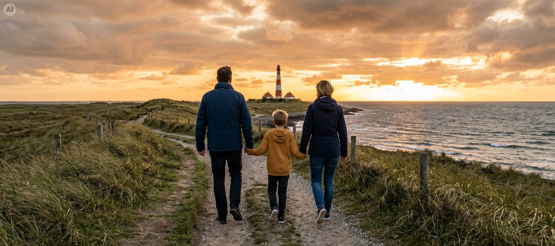 Junge Familie wandert an Küste zu einem Leuchtturm.