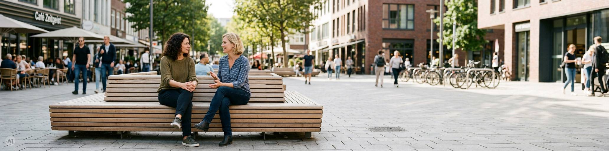 Zwei Frauen unterhalten sich auf einer Bank in der Fußgängerzone.