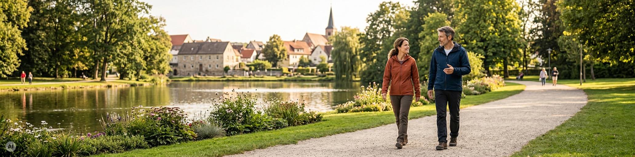 Zwei Menschen spazieren durch den Park und unterhalten sich.