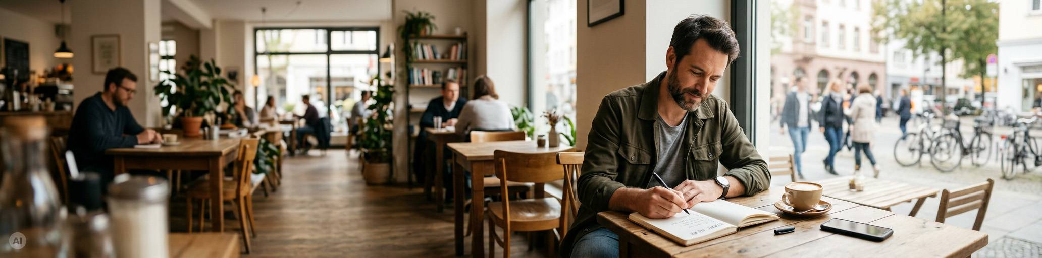 Mann sitzt im Café und schreibt seine Gedanken auf.