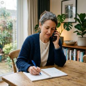 Quelle: AI elkb/was bleibt. Frau sitzt mit Notizbuch und Telefon am Tisch.