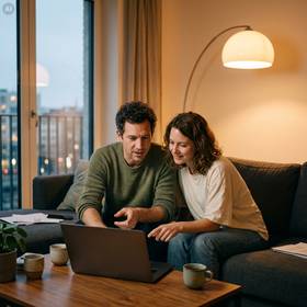 Quelle: AI elkb/was bleibt. Paar abends im Wohnzimmer vor Laptop.